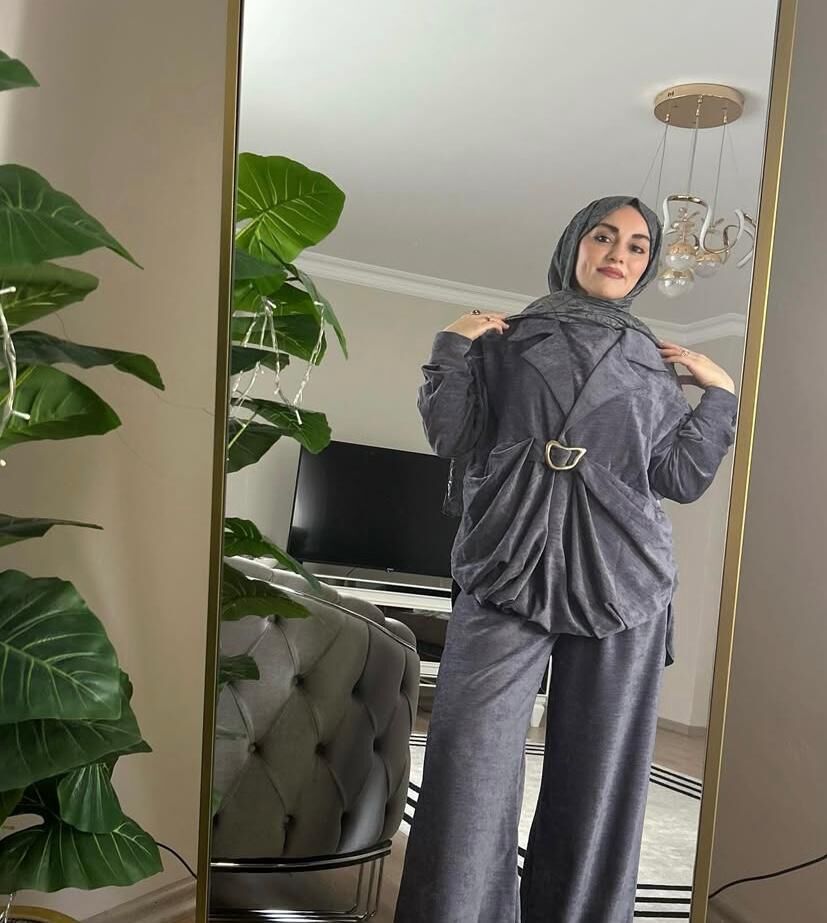 Antrasit renk önü taşlı büzgü model takım