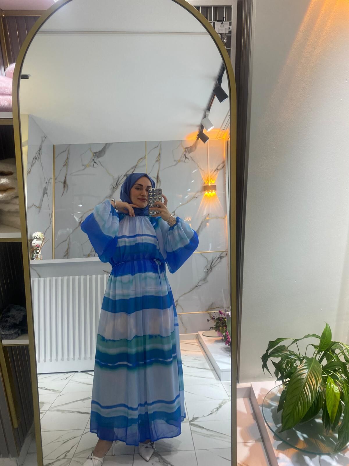 DESENLİ ŞİFON ELBİSE RENK MAVİ