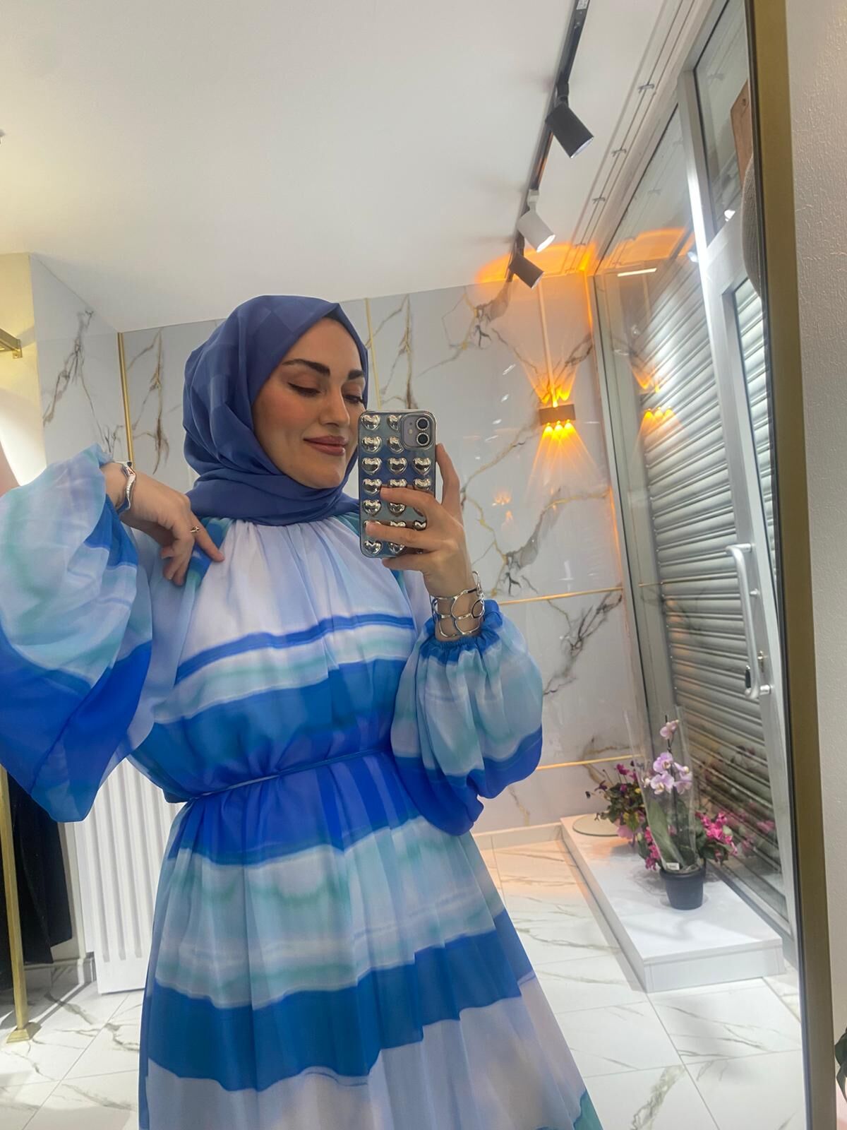 DESENLİ ŞİFON ELBİSE RENK MAVİ