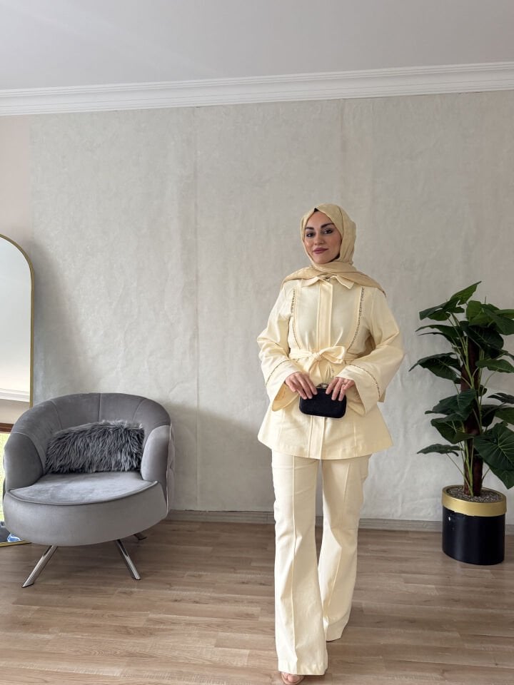 Butter taş detaylı ikili pantolon takım