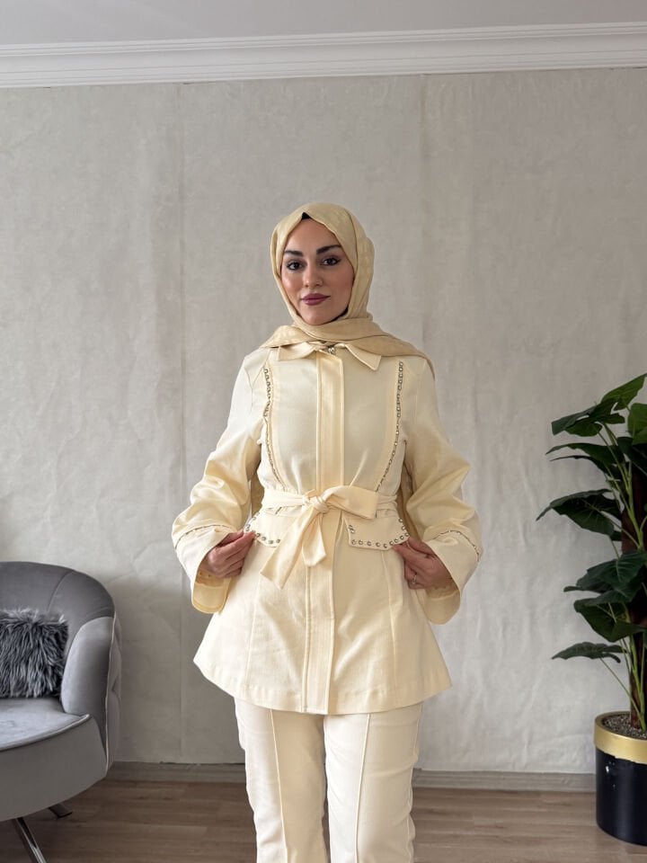 Butter taş detaylı ikili pantolon takım