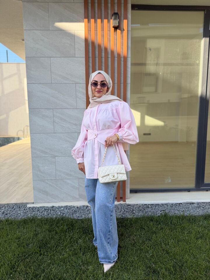 Pembe önden düğmeli gömlek