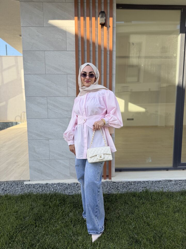 Pembe önden düğmeli gömlek