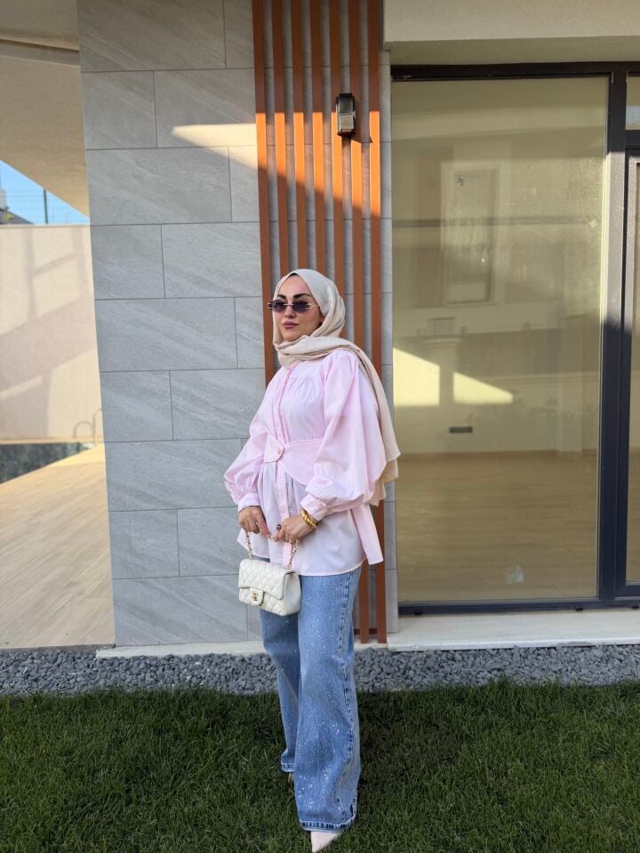 Pembe önden düğmeli gömlek