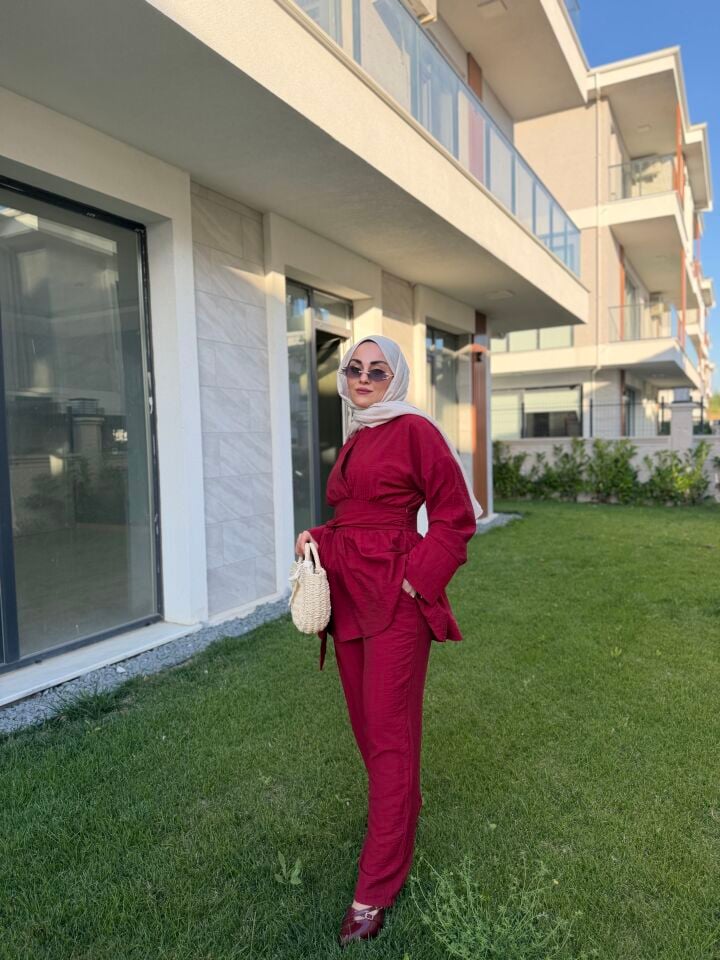 Bordo belden bağlamalı pantolon takım